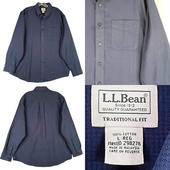 LL Bean Shirt Flannel Button Up LS Mens Size Large L Solid Navy Blue Cotton - Picture 1 of 8